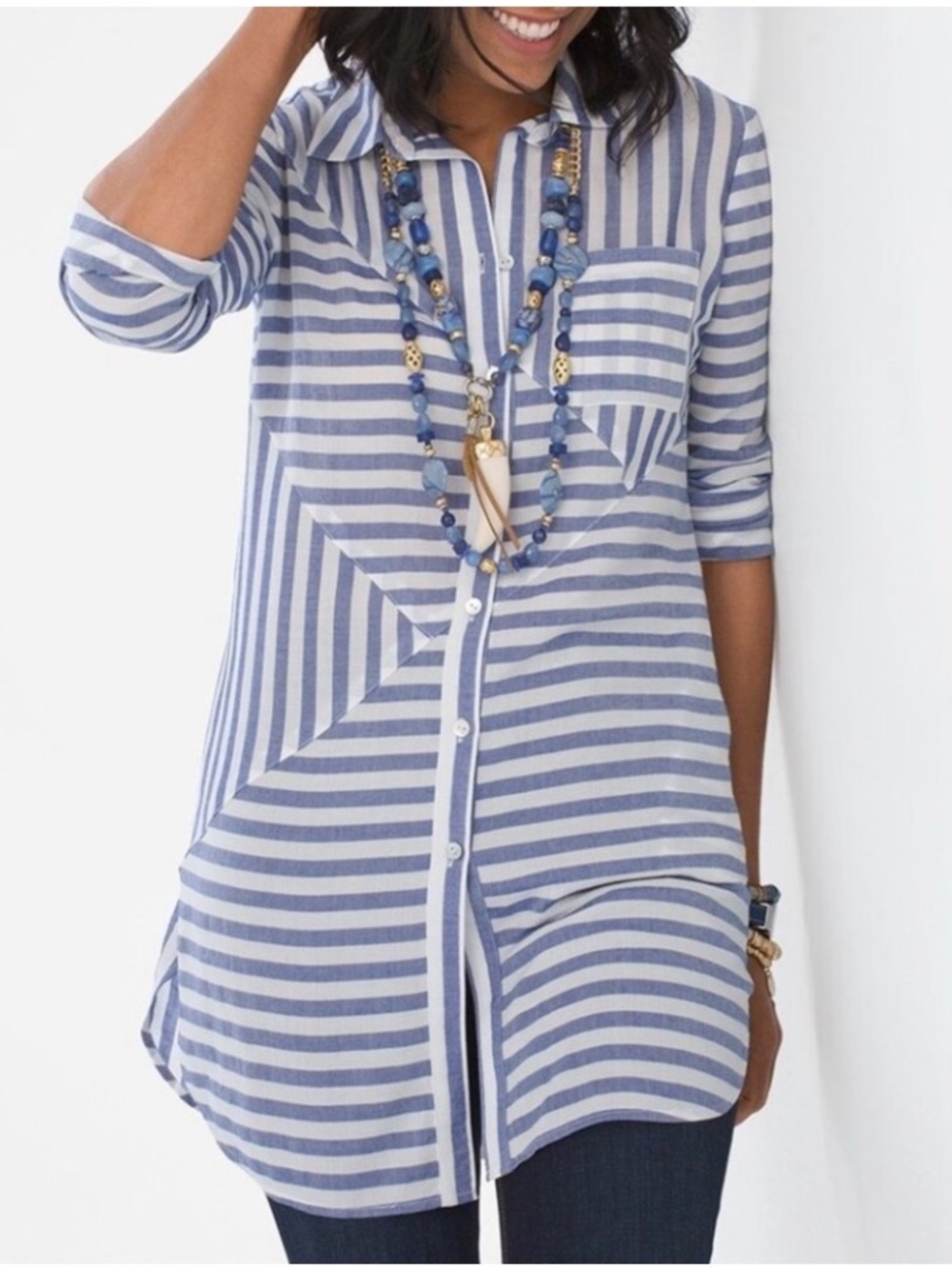 Chicos spliced Striped Button-Front tunic Shirt - Blue and White